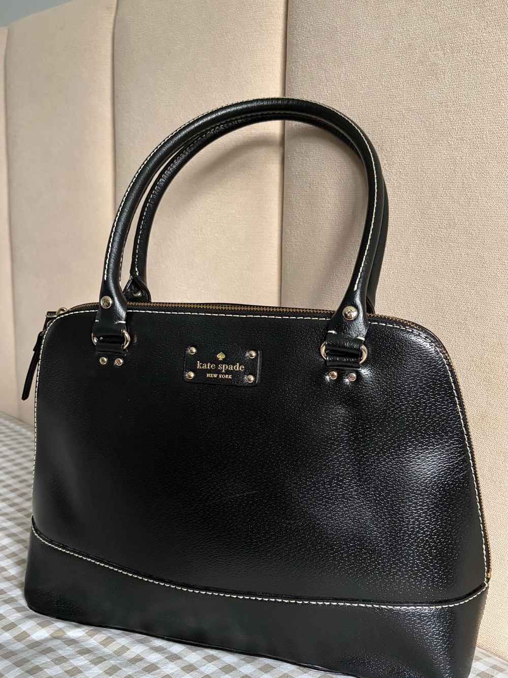 Kate Spade New York Black Large Dome Satchel 16” | Pink Polka Dot Lining